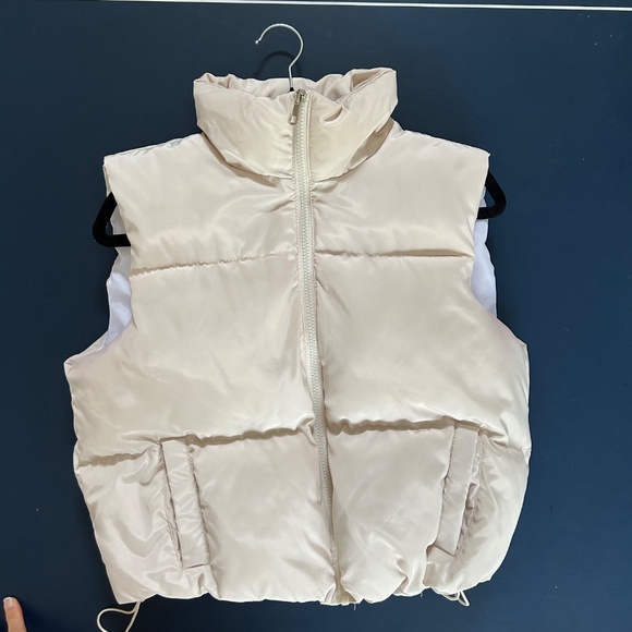 Orange Kiss Jackets & Blazers - Cream Color Fashion Cropped Short Puffer Vest Gilet Standing Collar Zip Pockets